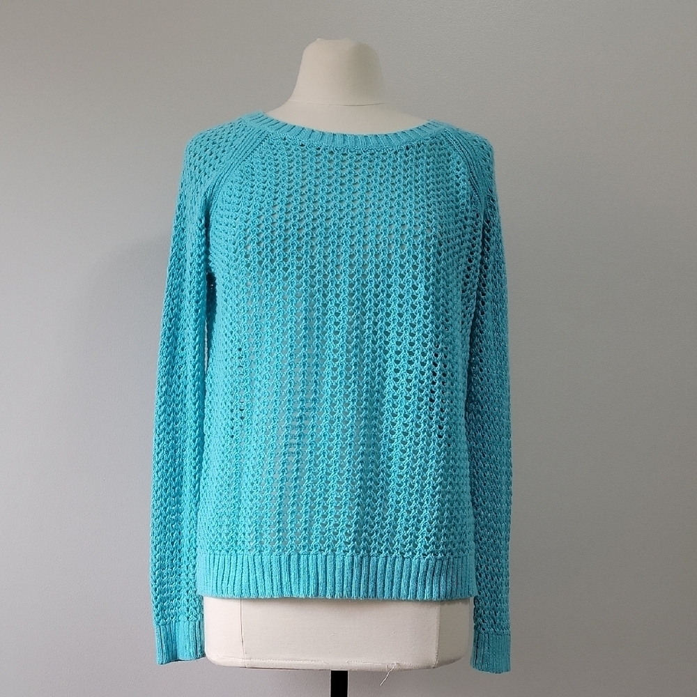 A.N.A A NEW APPROACH Size XL  Open Fish Knit Sweater Blue Crew Neck Women Raglan